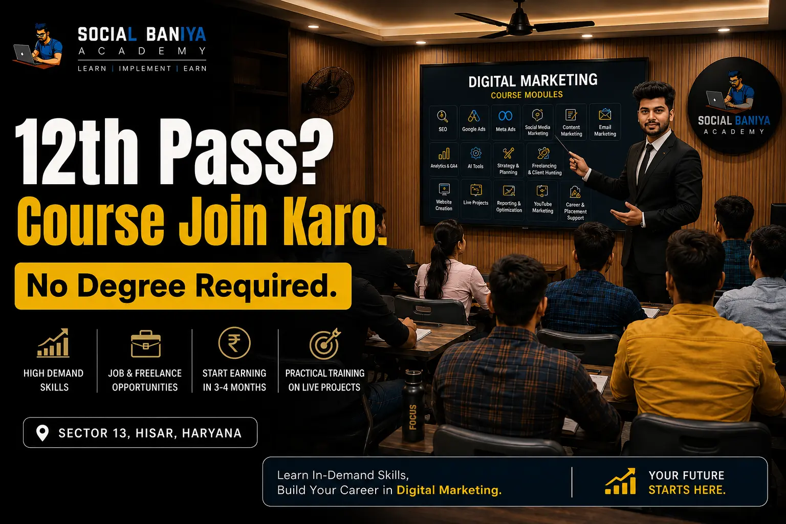 digital marketing course after 12th Hisar no degree required Social Baniya Academy